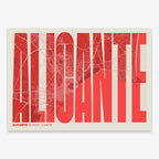 Decorative map of Alicante and letters of its name in a giclée print designed in red and an off-white background