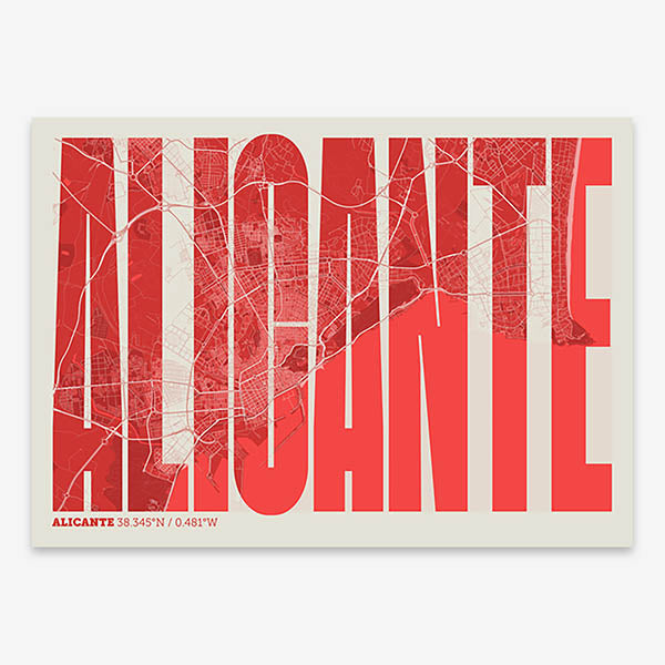 Decorative map of Alicante and letters of its name in a giclée print designed in red and an off-white background