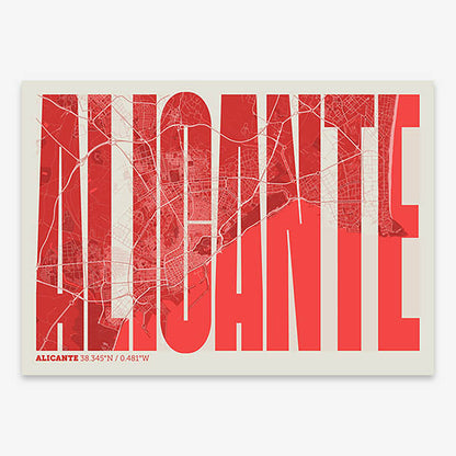 Decorative map of Alicante and letters of its name in a giclée print designed in red and an off-white background