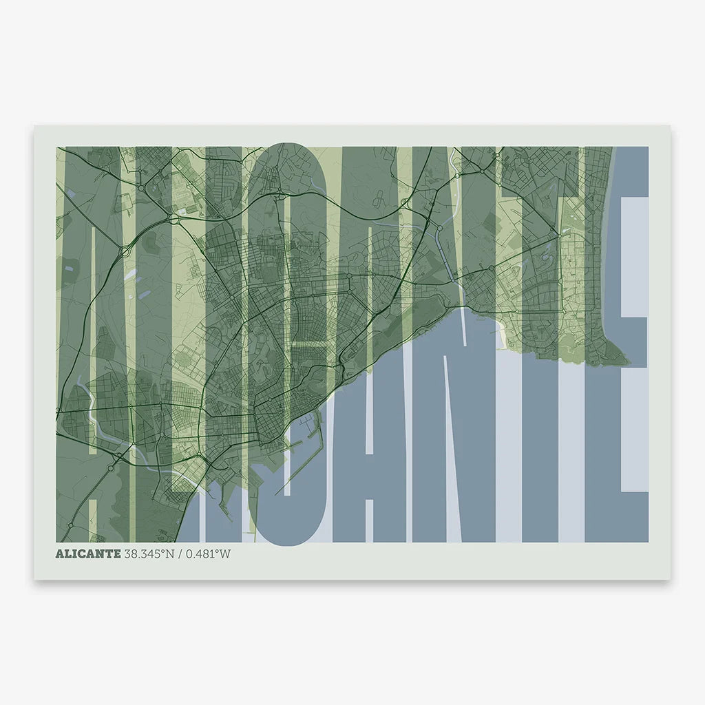 Decorative map of Alicante and letters of its name in a giclée print designed in two green tones