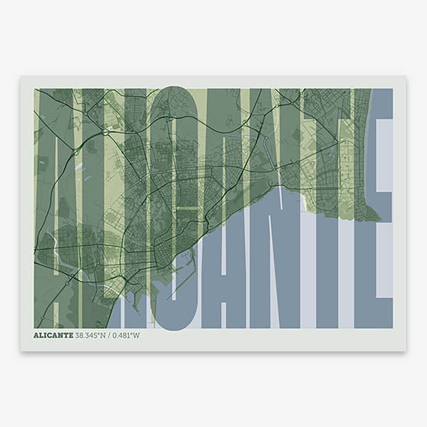Decorative map of Alicante and letters of its name in a giclée print designed in two green tones