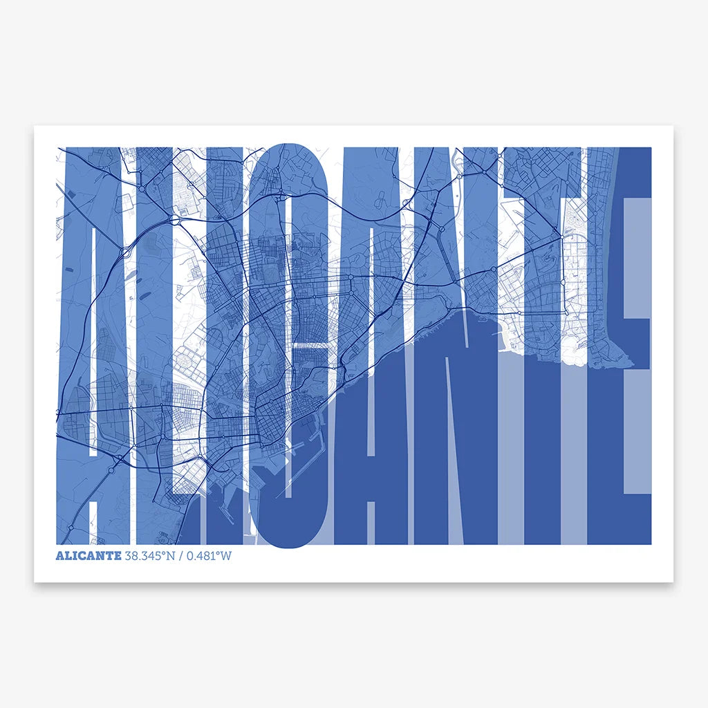Decorative map of Alicante and letters of its name in a giclée print designed in navy blue and white