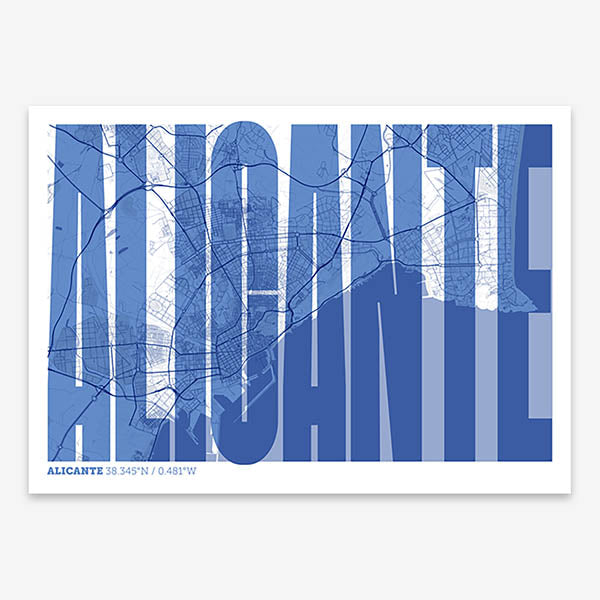 Decorative map of Alicante and letters of its name in a giclée print designed in navy blue and white