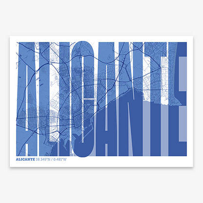 Decorative map of Alicante and letters of its name in a giclée print designed in navy blue and white