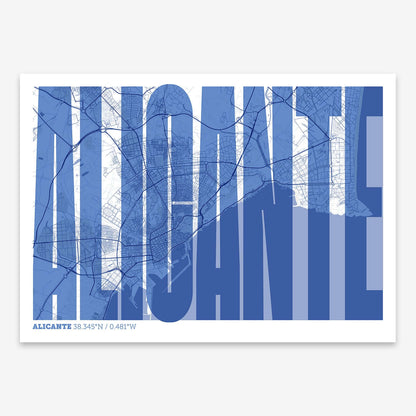 The map of Alicante and letters of its name in a giclée print designed in navy blue and white