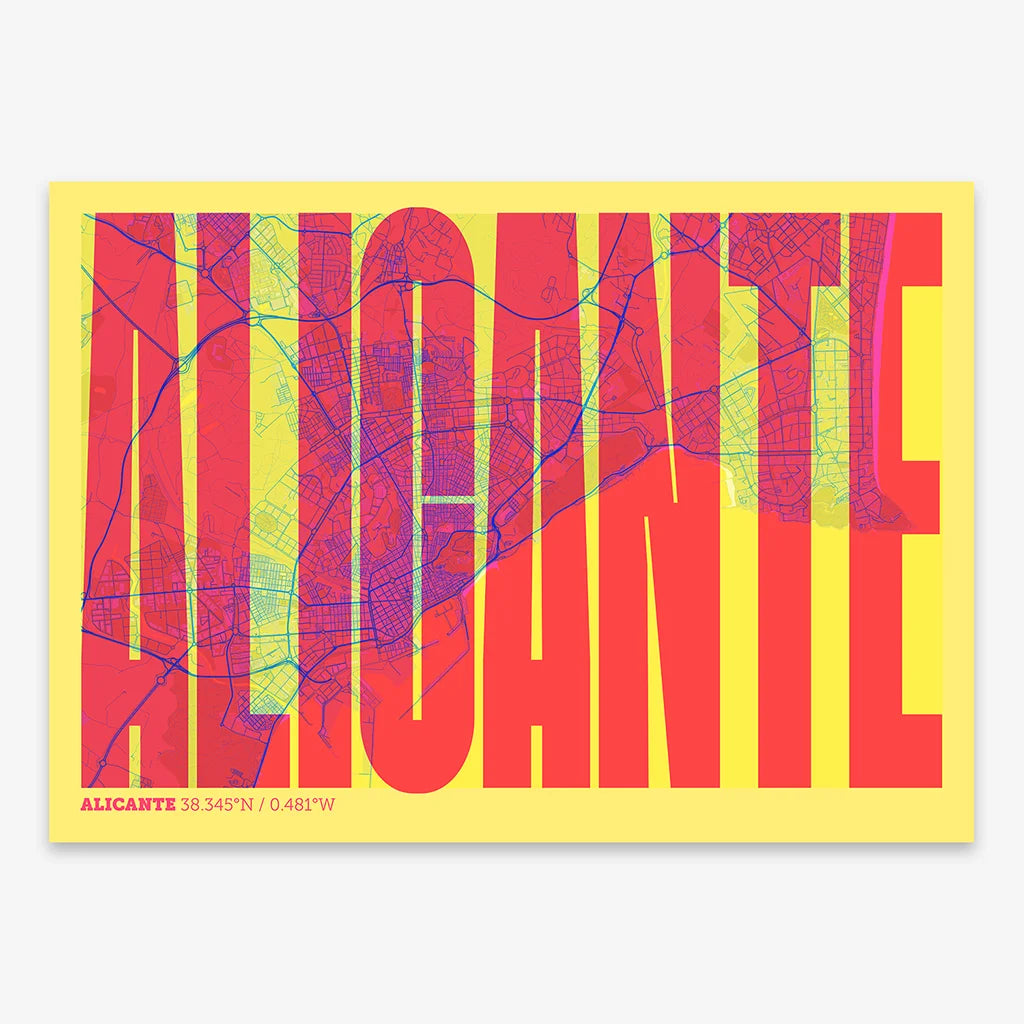 Decorative map of Alicante and letters of its name in a giclée print designed in yellow and fuchsia