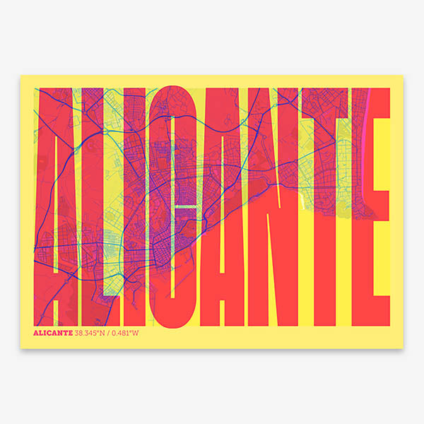 Decorative map of Alicante and letters of its name in a giclée print designed in yellow and fuchsia