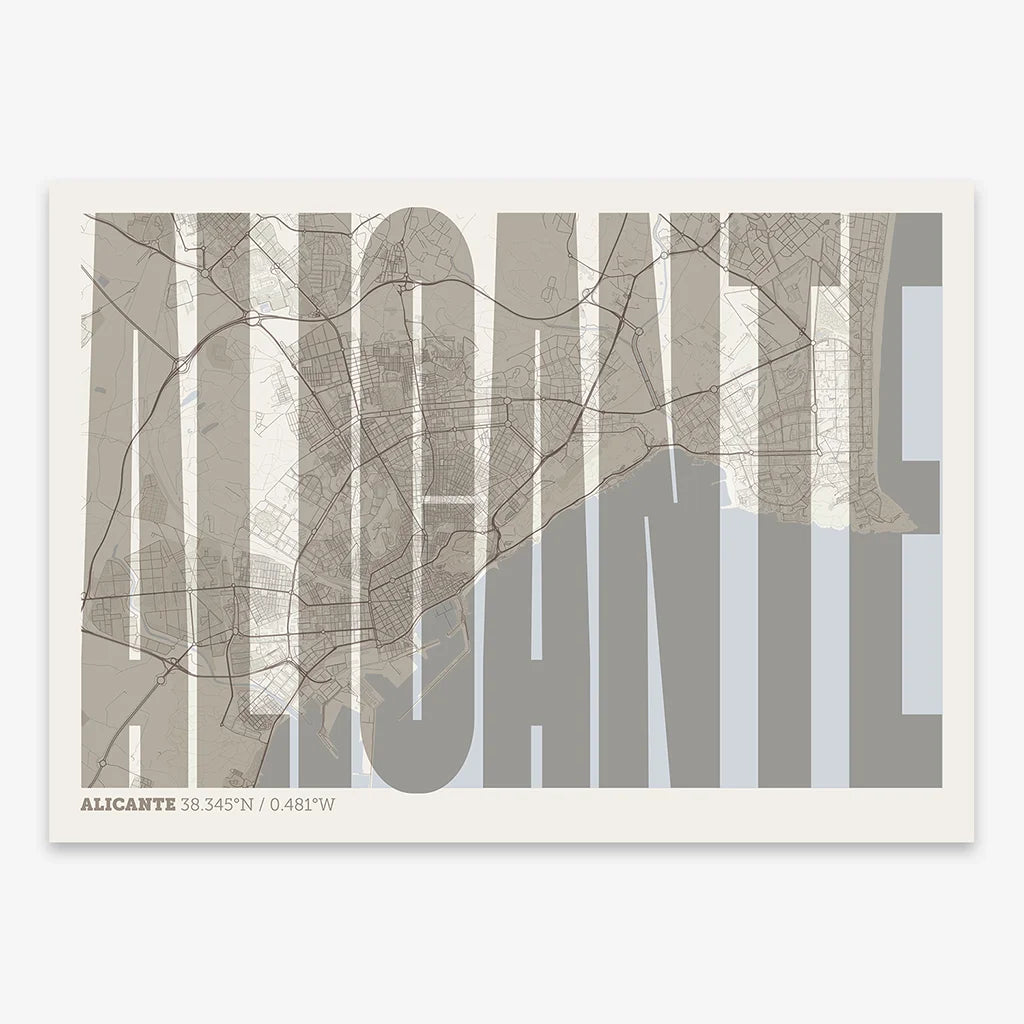 Decorative map of Alicante and letters of its name in a giclée print designed in light brown and an off-white background
