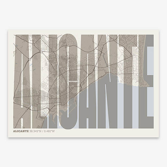 Decorative map of Alicante and letters of its name in a giclée print designed in light brown and an off-white background