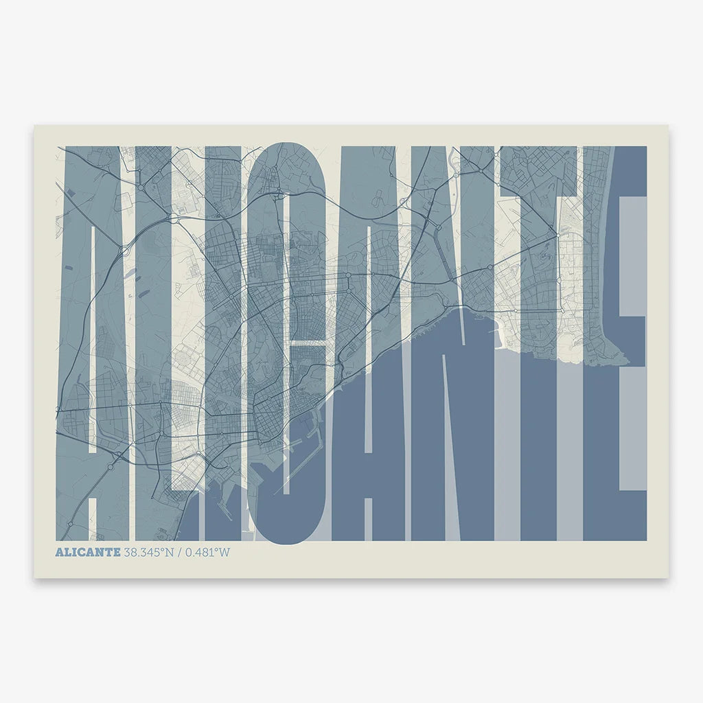Decorative map of Alicante and letters of its name in a giclée print designed in bluish gray and an off-white background