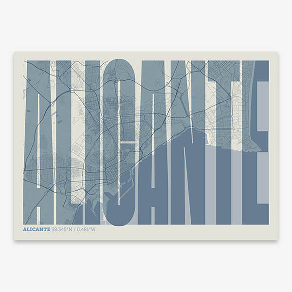 Decorative map of Alicante and letters of its name in a giclée print designed in bluish gray and an off-white background