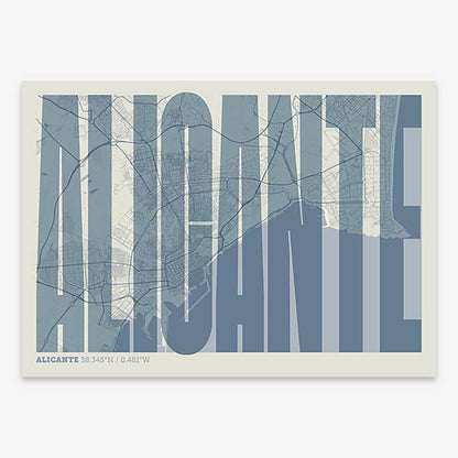 Decorative map of Alicante and letters of its name in a giclée print designed in bluish gray and an off-white background