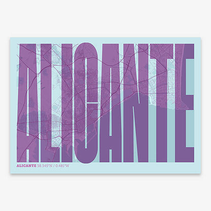 Decorative map of Alicante and letters of its name in a giclée print designed in purple and light blue