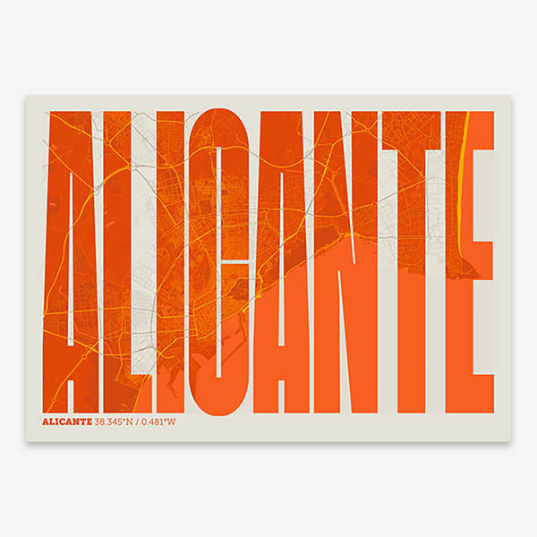 Decorative map of Alicante and letters of its name in a giclée print designed in orange and an off-white background
