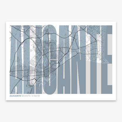 The map of Alicante and letters of its name in a giclée print designed in black and white