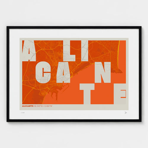 Lámina tipográfica de Alicante – diseño Revoltosa, marco negro