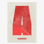 Decorative print of Almeria composed with letters in a heavy geometric font printed on red and an off-white background
