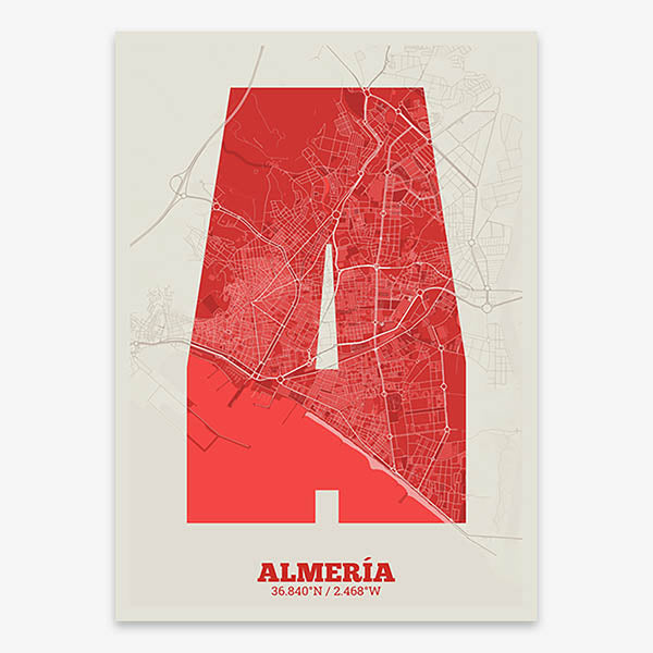 Decorative print of Almeria composed with letters in a heavy geometric font printed on red and an off-white background