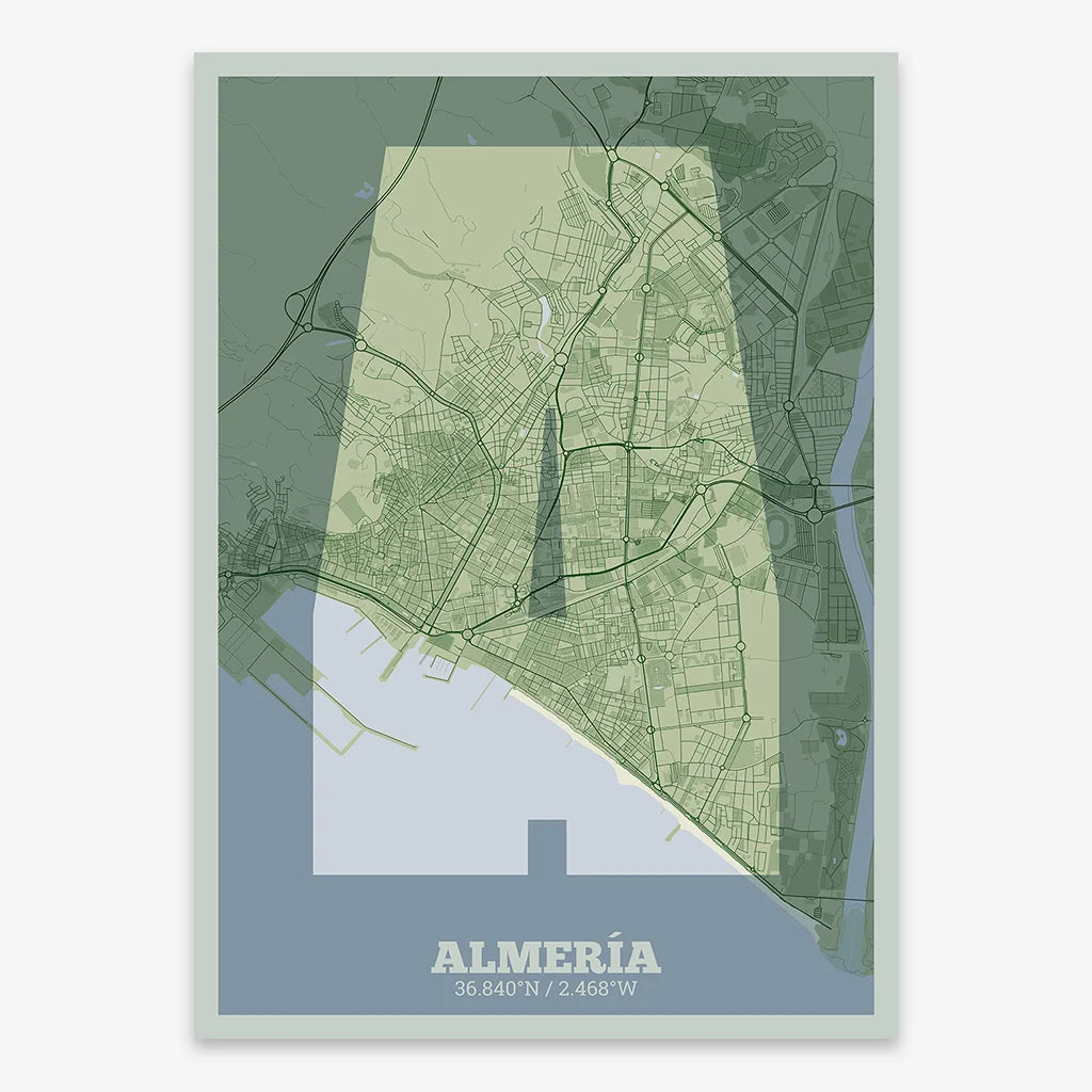 Decorative print of Almeria composed with letters in a heavy geometric font printed on two green tones