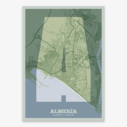 Decorative print of Almeria composed with letters in a heavy geometric font printed on two green tones