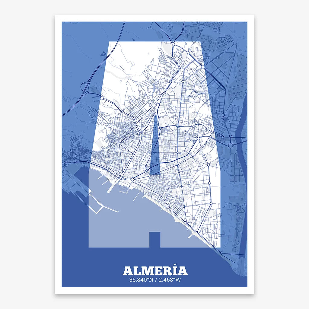 Decorative print of Almeria composed with letters in a heavy geometric font printed on navy blue and white