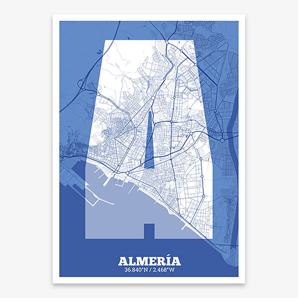 Decorative print of Almeria composed with letters in a heavy geometric font printed on navy blue and white