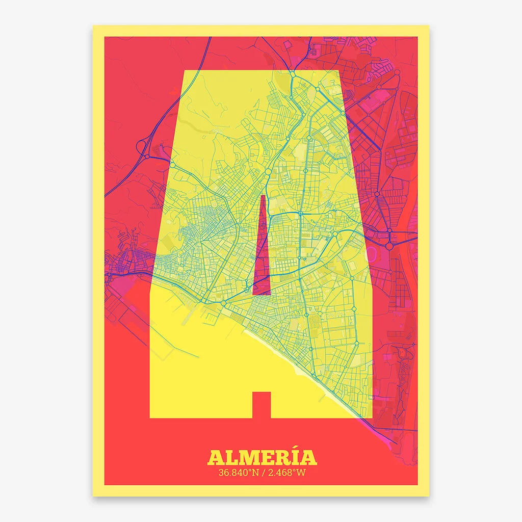 Decorative print of Almeria composed with letters in a heavy geometric font printed on yellow and fuchsia