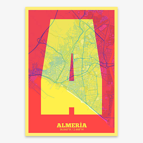 Decorative print of Almeria composed with letters in a heavy geometric font printed on yellow and fuchsia