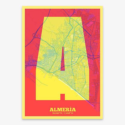 Decorative print of Almeria composed with letters in a heavy geometric font printed on yellow and fuchsia