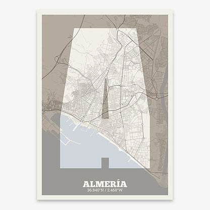 Decorative print of Almeria composed with letters in a heavy geometric font printed on light brown and an off-white background