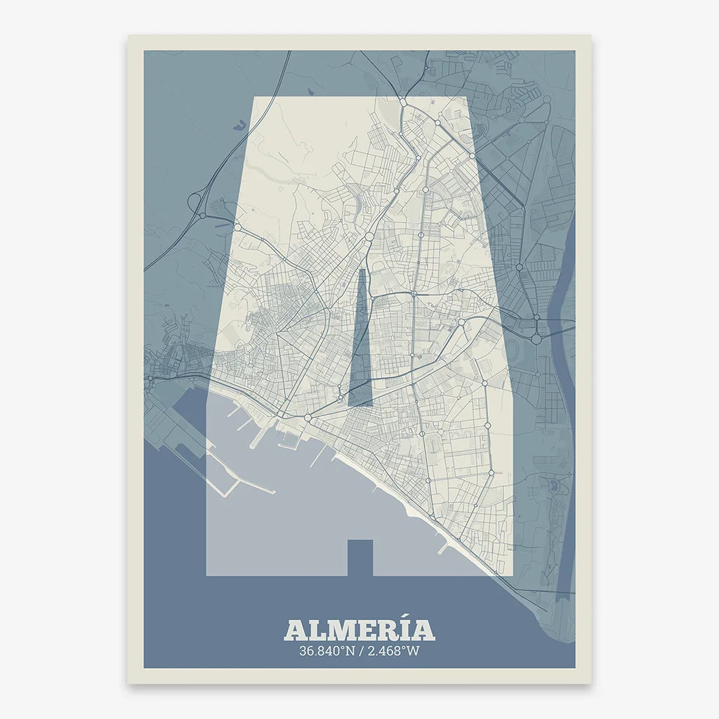 Decorative print of Almeria composed with letters in a heavy geometric font printed on bluish gray and an off-white background