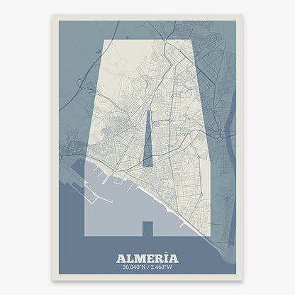 Decorative print of Almeria composed with letters in a heavy geometric font printed on bluish gray and an off-white background