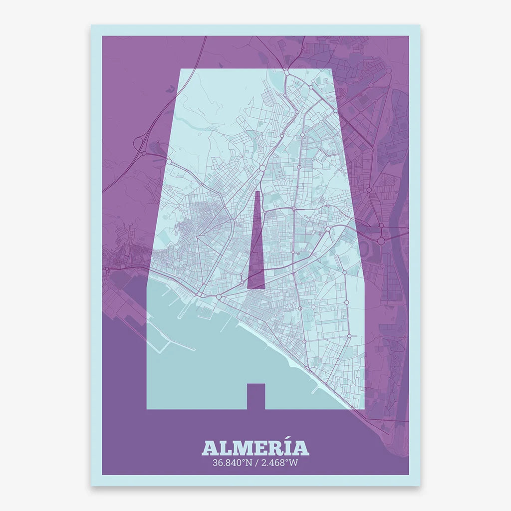 Decorative print of Almeria composed with letters in a heavy geometric font printed on purple and light blue