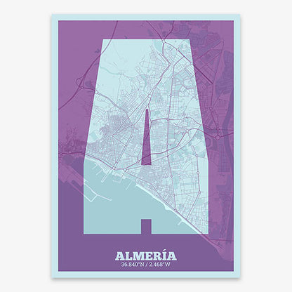Decorative print of Almeria composed with letters in a heavy geometric font printed on purple and light blue