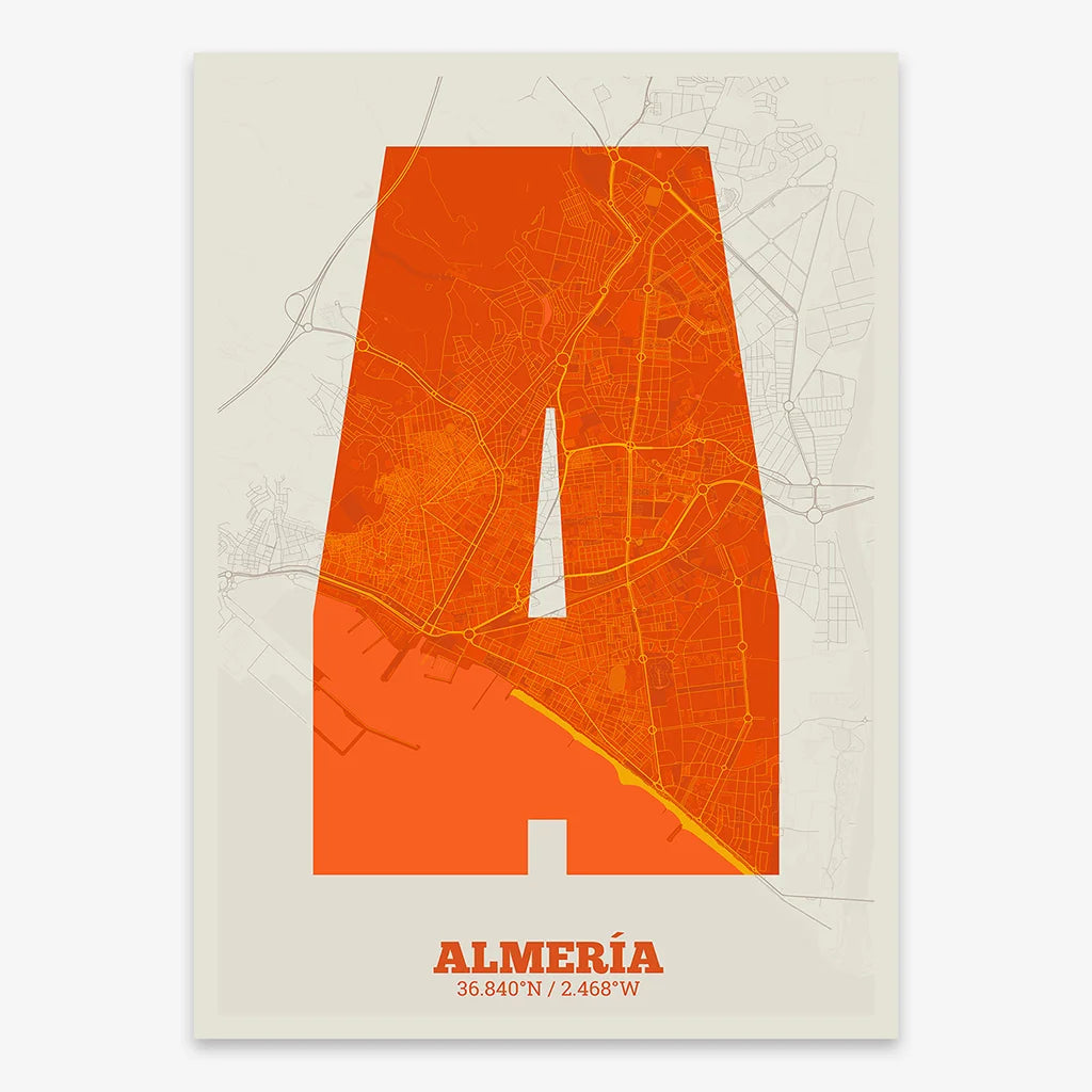 Decorative print of Almeria composed with letters in a heavy geometric font printed on orange and an off-white background