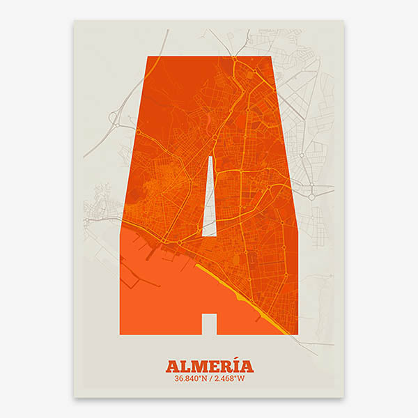 Decorative print of Almeria composed with letters in a heavy geometric font printed on orange and an off-white background