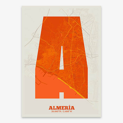 Decorative print of Almeria composed with letters in a heavy geometric font printed on orange and an off-white background