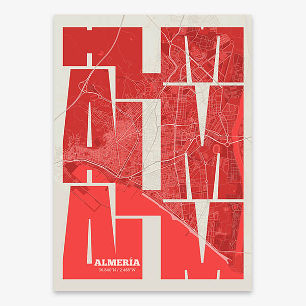 Poster of Almeria composed with letters from its abbreviation or its airport IATA code printed on red and an off-white background