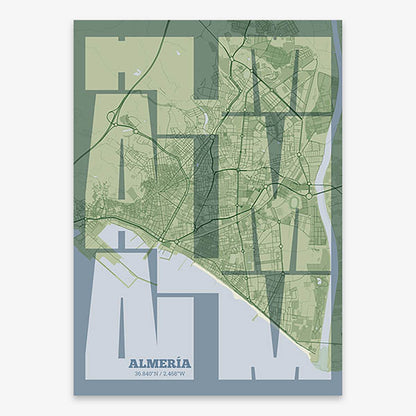 Poster of Almeria composed with letters from its abbreviation or its airport IATA code printed on two green tones