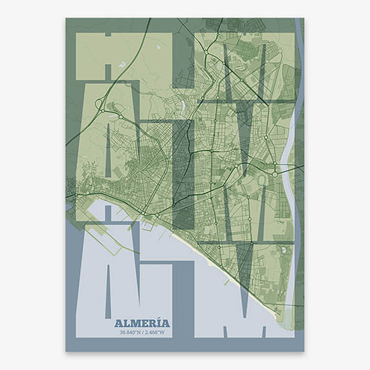 Poster of Almeria composed with letters from its abbreviation or its airport IATA code printed on two green tones
