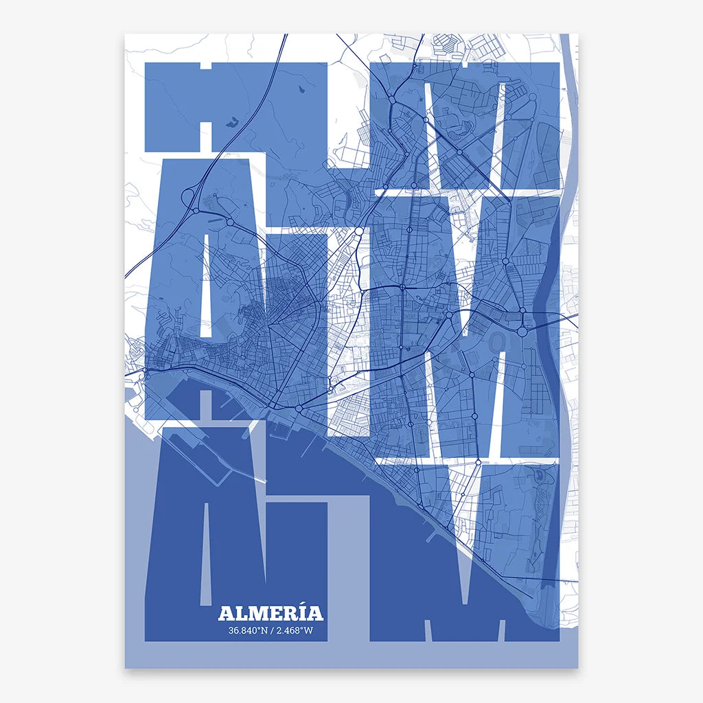 Poster of Almeria composed with letters from its abbreviation or its airport IATA code printed on navy blue and white