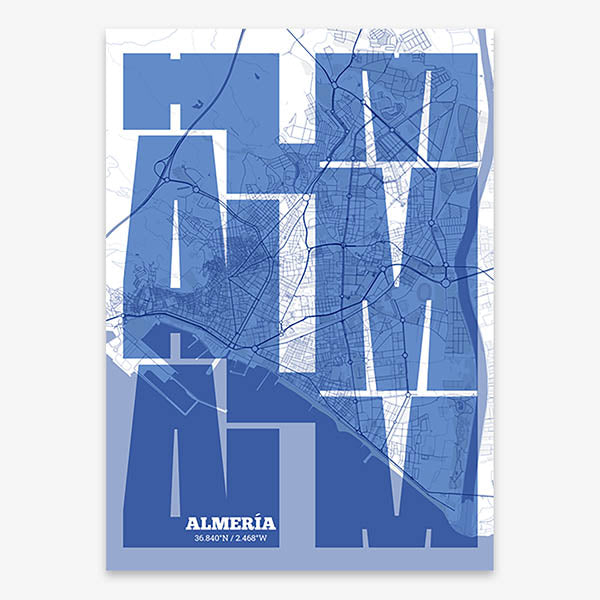 Poster of Almeria composed with letters from its abbreviation or its airport IATA code printed on navy blue and white