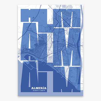 Poster of Almeria composed with letters from its abbreviation or its airport IATA code printed on navy blue and white