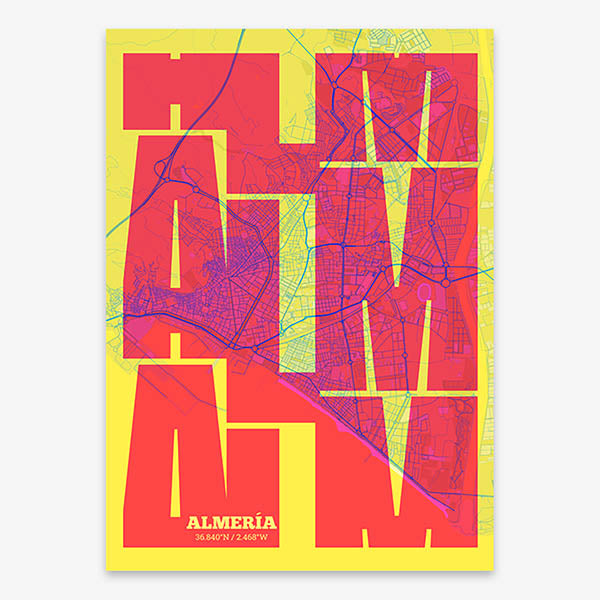 Poster of Almeria composed with letters from its abbreviation or its airport IATA code printed on yellow and fuchsia