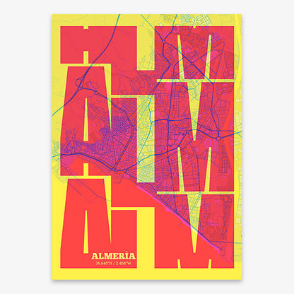 Poster of Almeria composed with letters from its abbreviation or its airport IATA code printed on yellow and fuchsia