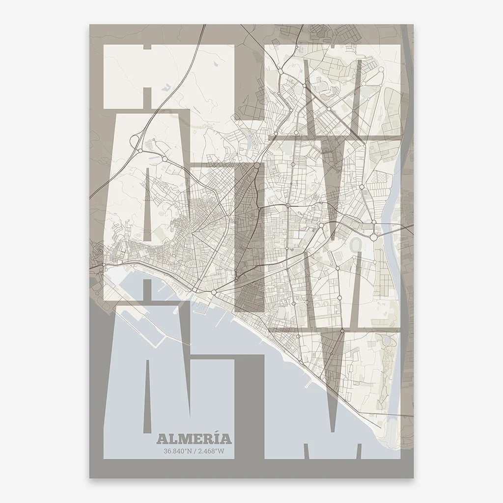 Poster of Almeria composed with letters from its abbreviation or its airport IATA code printed on light brown and an off-white background