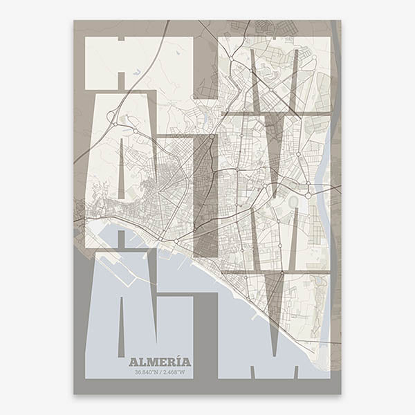 Poster of Almeria composed with letters from its abbreviation or its airport IATA code printed on light brown and an off-white background