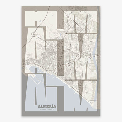 Poster of Almeria composed with letters from its abbreviation or its airport IATA code printed on light brown and an off-white background