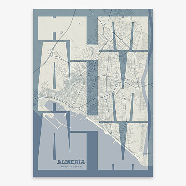 Poster of Almeria composed with letters from its abbreviation or its airport IATA code printed on bluish gray and an off-white background