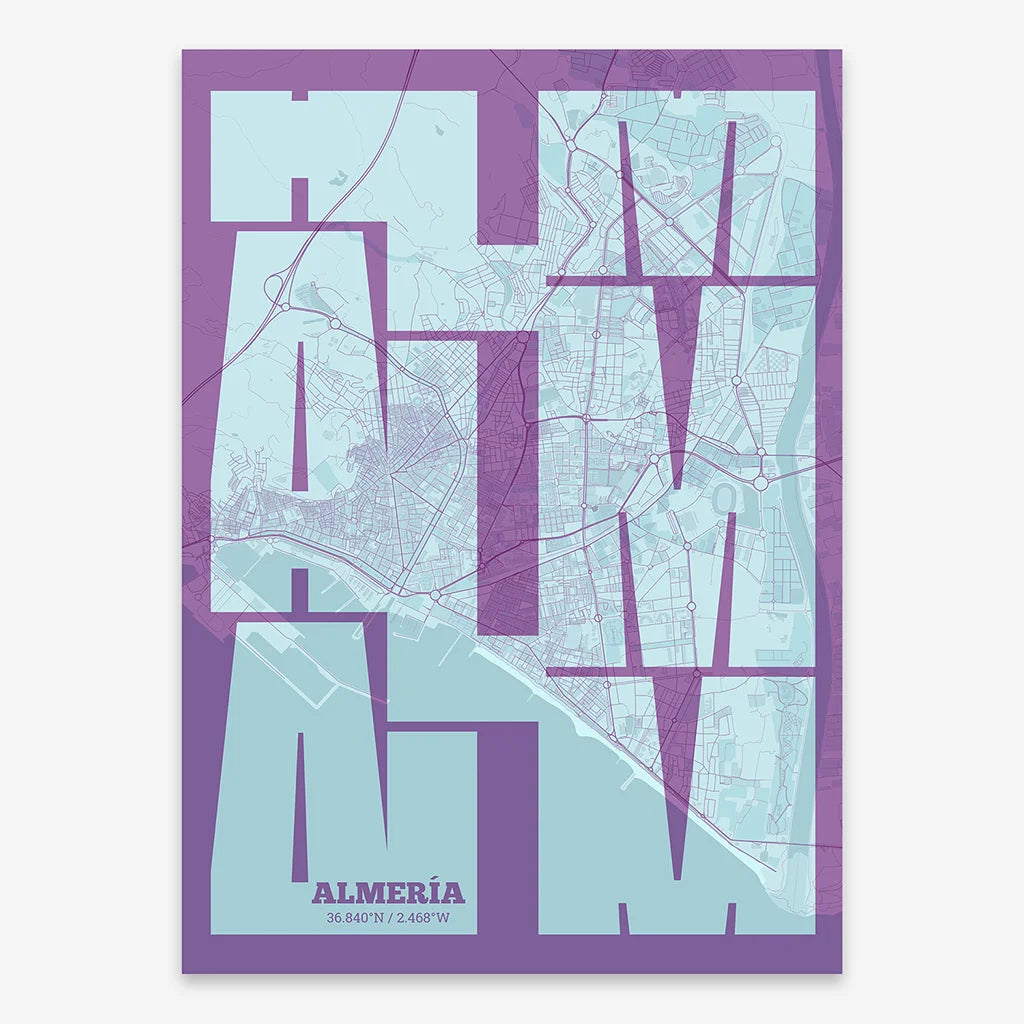 Poster of Almeria composed with letters from its abbreviation or its airport IATA code printed on purple and light blue
